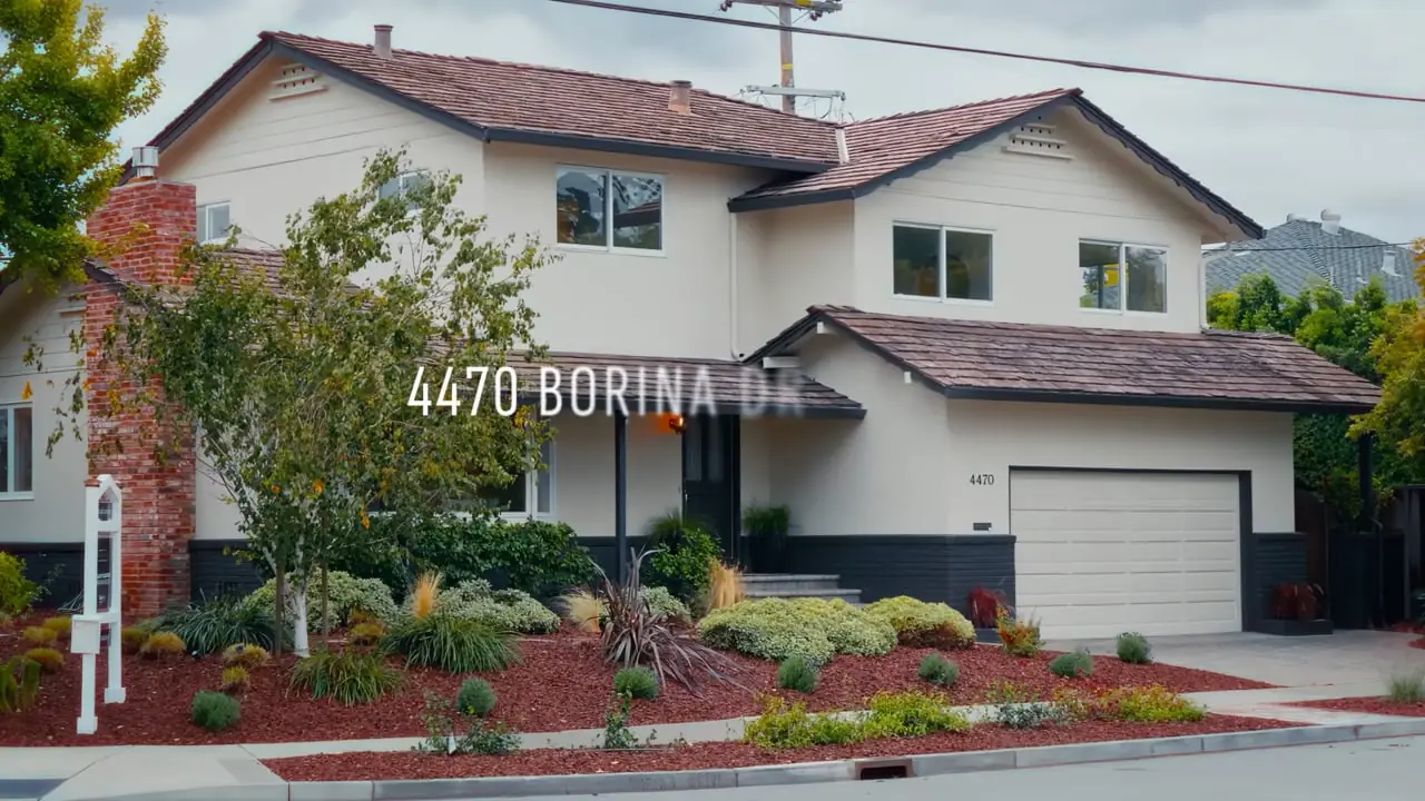 Film still: two-story home with a title card, 4470 Borina Dr, San Jose